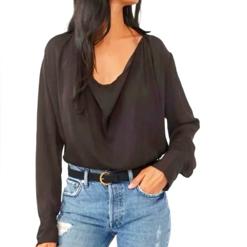 Free People Shine Bright Cowl Neck Oversized Blouse Midnight Brown Size Large